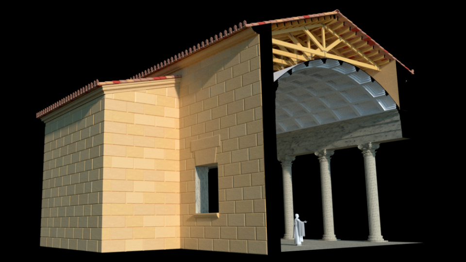 Restitució virtual de l’espai actual del Museu bíblic en època romana amb els pòrtics i l’exedra del recinte de culte imperial (Model de Silvia Fibla Reverté).