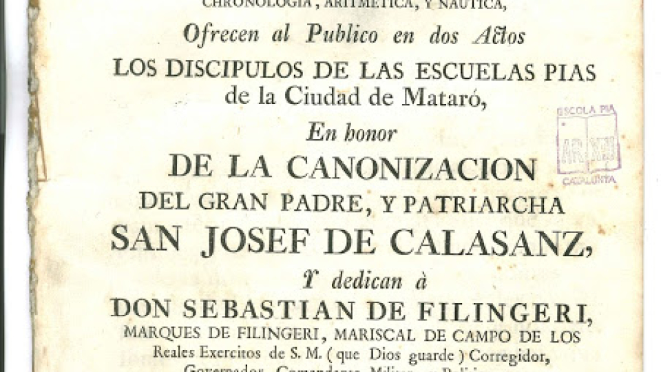 Exercicis literaris públics a l'Escola Pia Mataró el maig de 1768 amb motiu de la canonització de Calassanç (APEPC 18-FG-4)