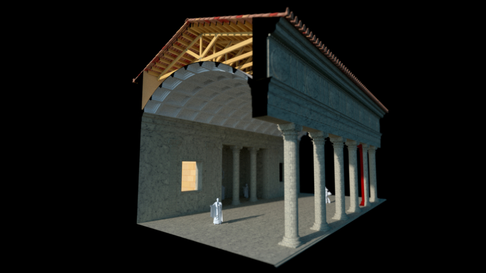 Restitució virtual de l’espai actual del Museu bíblic en època romana amb els pòrtics i l’exedra del recinte de culte imperial (Model de Silvia Fibla Reverté).