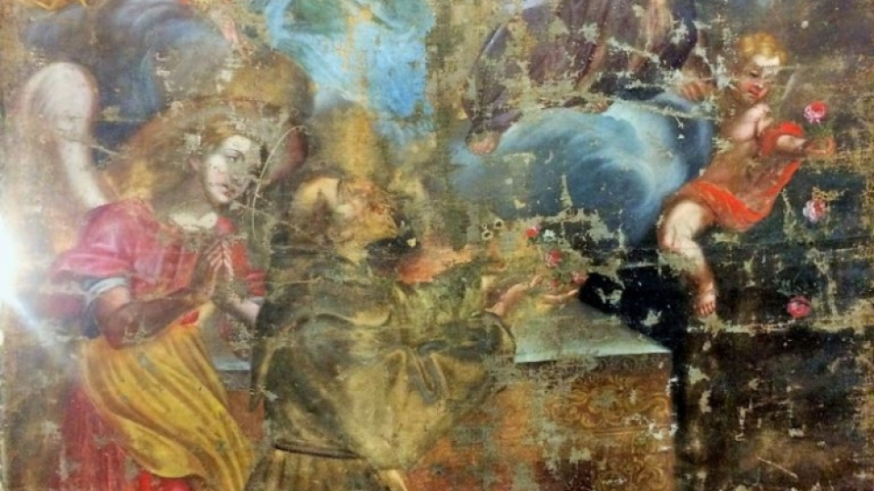 'Jesús concedeix a sant Francesc la indulgencia de la Porciúncula'. Quadre de l’església de Sant Francesc de Cervera.